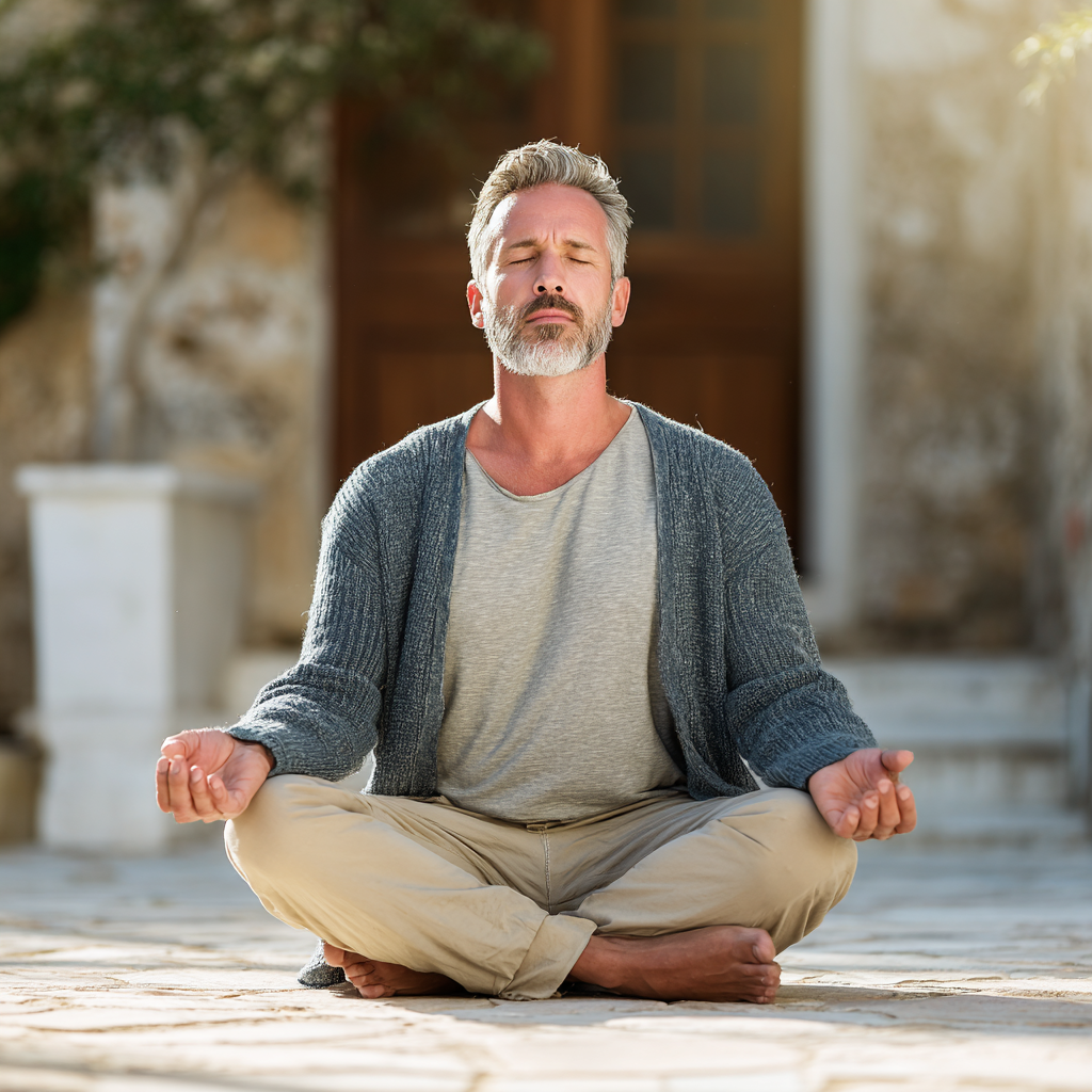 Serene middle-aged man in his fifties sitting in lotus position during outdoor meditation session, wearing comfortable casual clothes, with peaceful expression and natural lighting, representing mindfulness and wellness lifestyle for mature adults